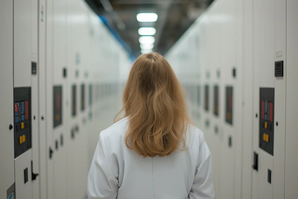 Person in Lab Coat Walking Down Corridor