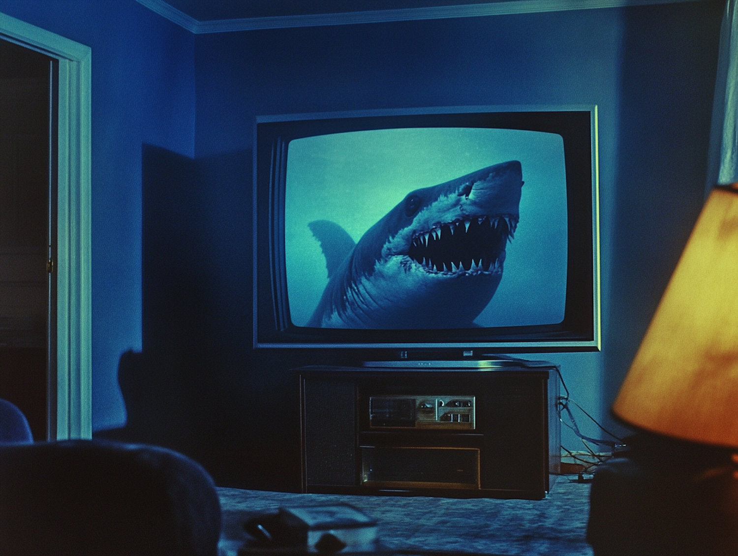 Dimly Lit Room with Shark on TV