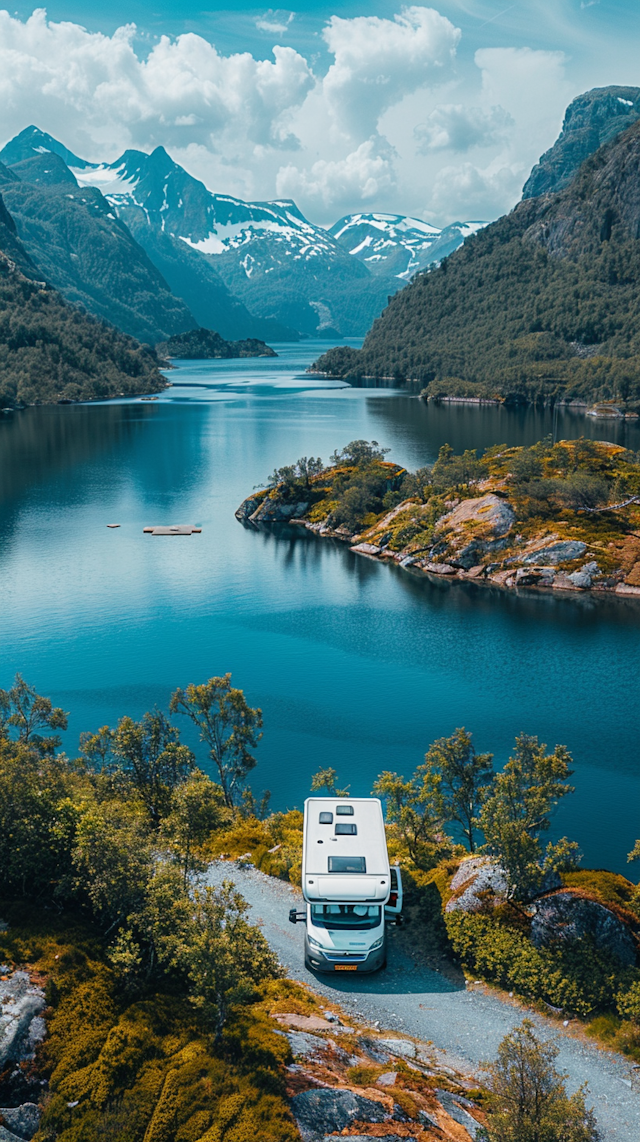 Serene Fjord Landscape with Camper Van