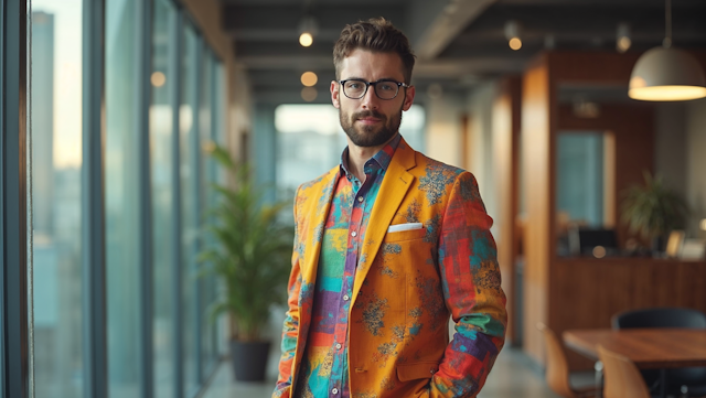 Man in Modern Office with Vibrant Jacket