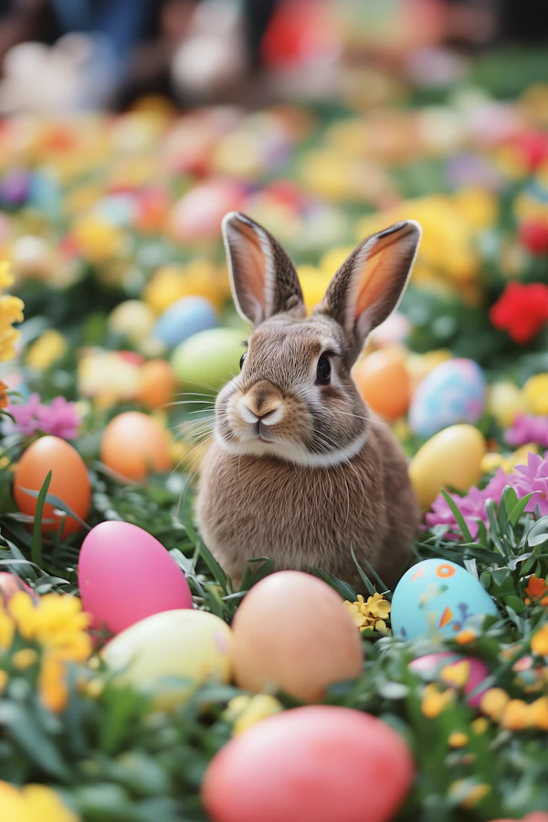 Easter Rabbit with Eggs and Flowers