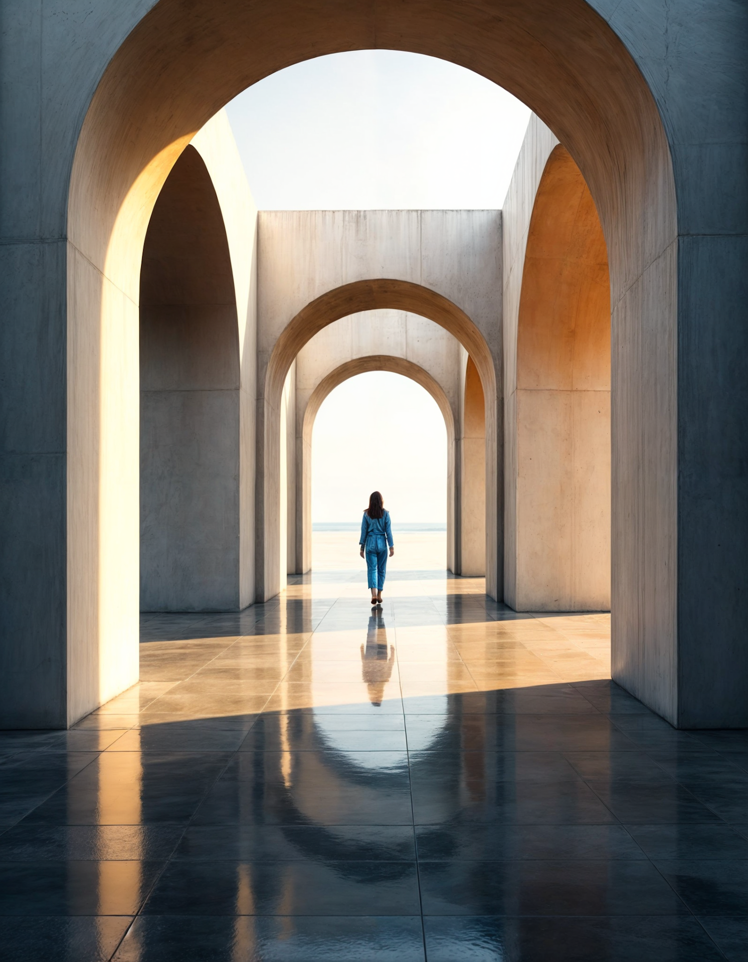 Solitary Figure in Sunlit Arches