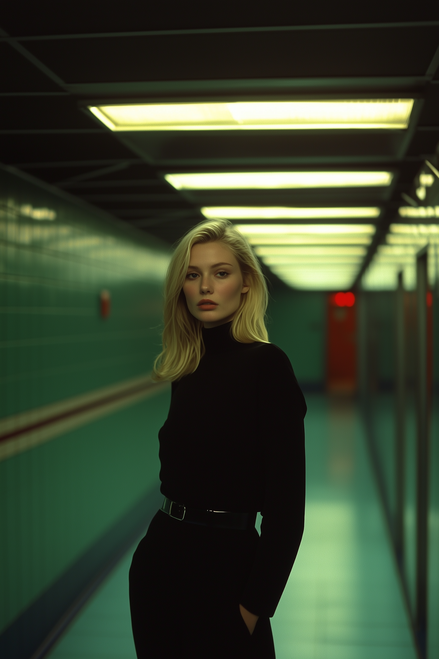 Woman in Dimly Lit Corridor