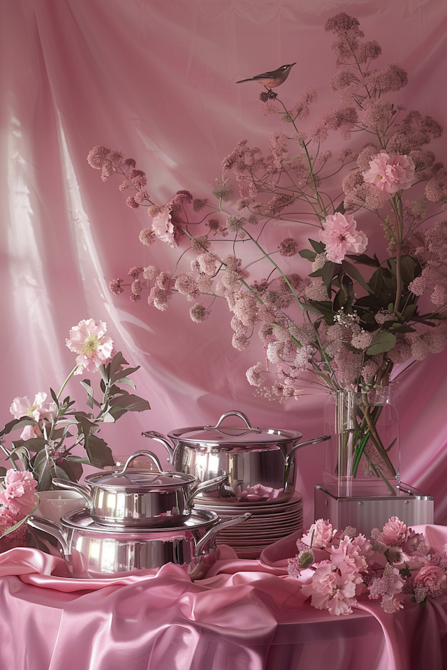 Elegant Pink Cookware and Floral Display