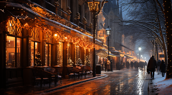 Holiday Glow on a Winter's Cobblestone Evening