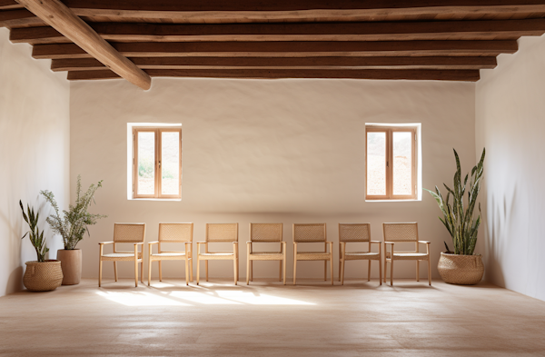 Serene Natural Aesthetic Interior with Wooden Chairs and Exposed Beams