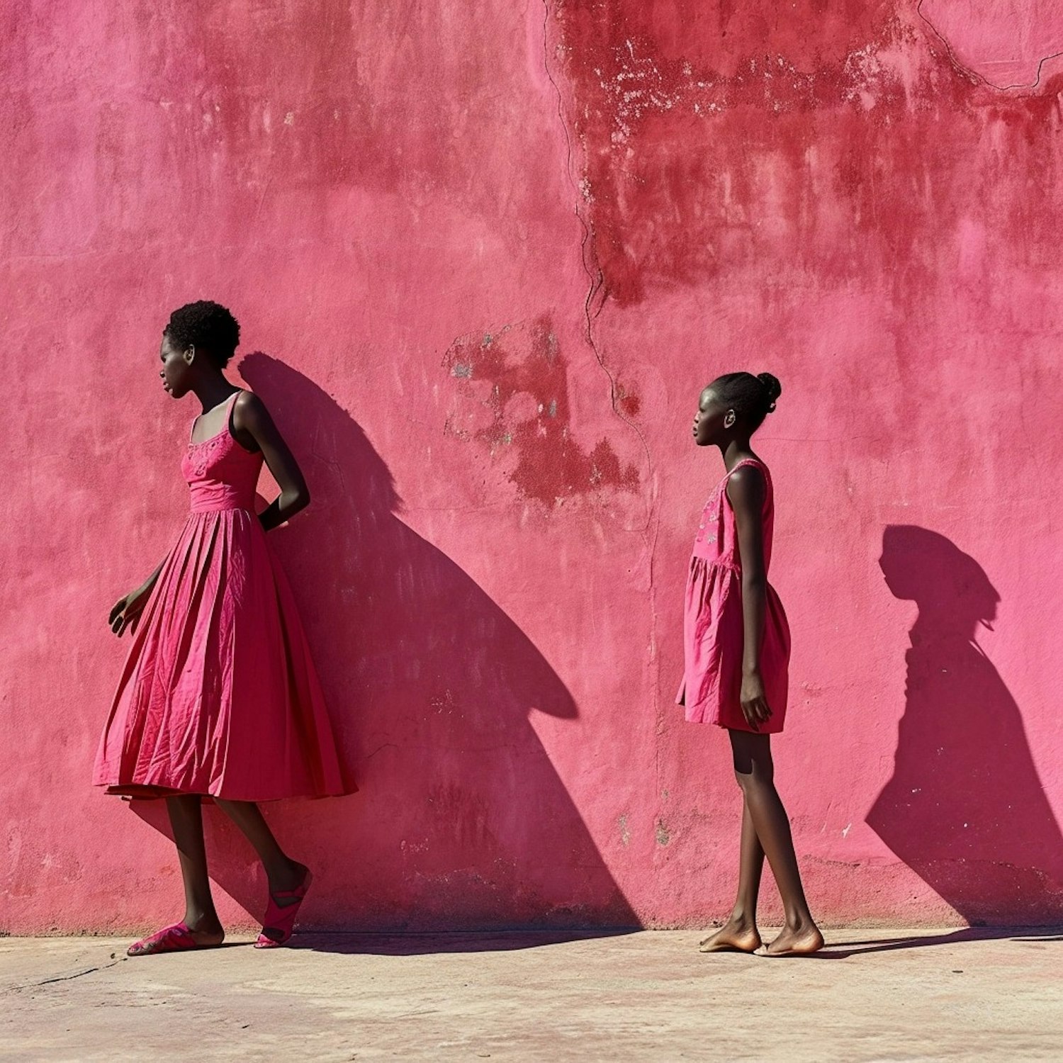 Contrasting Sisters Against Pink Wall