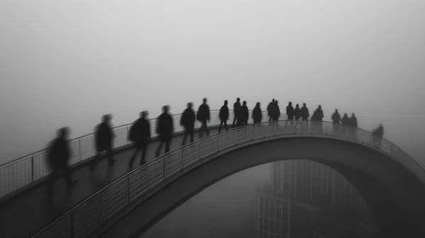 Silhouetted Figures on a Foggy Bridge