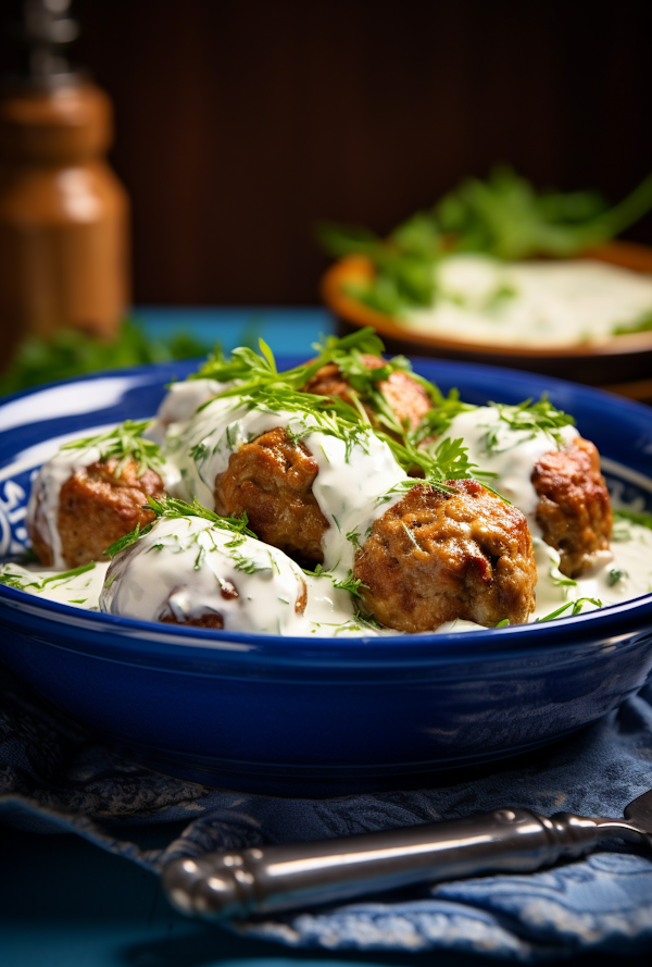 Herb-Garnished Creamy Meatballs in Blue Bowl