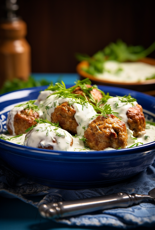 Herb-Garnished Creamy Meatballs in Blue Bowl