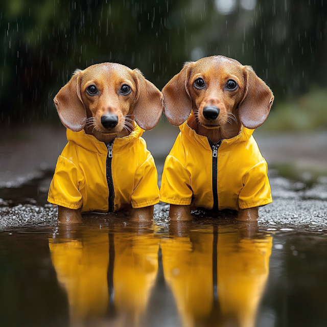 Dachshund Puppies in Raincoats