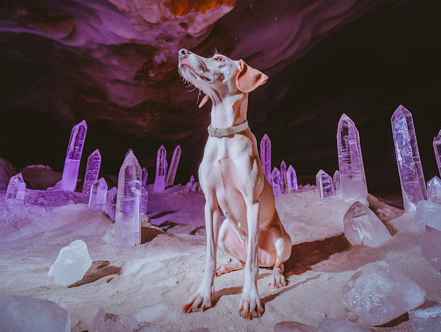 Mystical Dog Among Purple Crystals