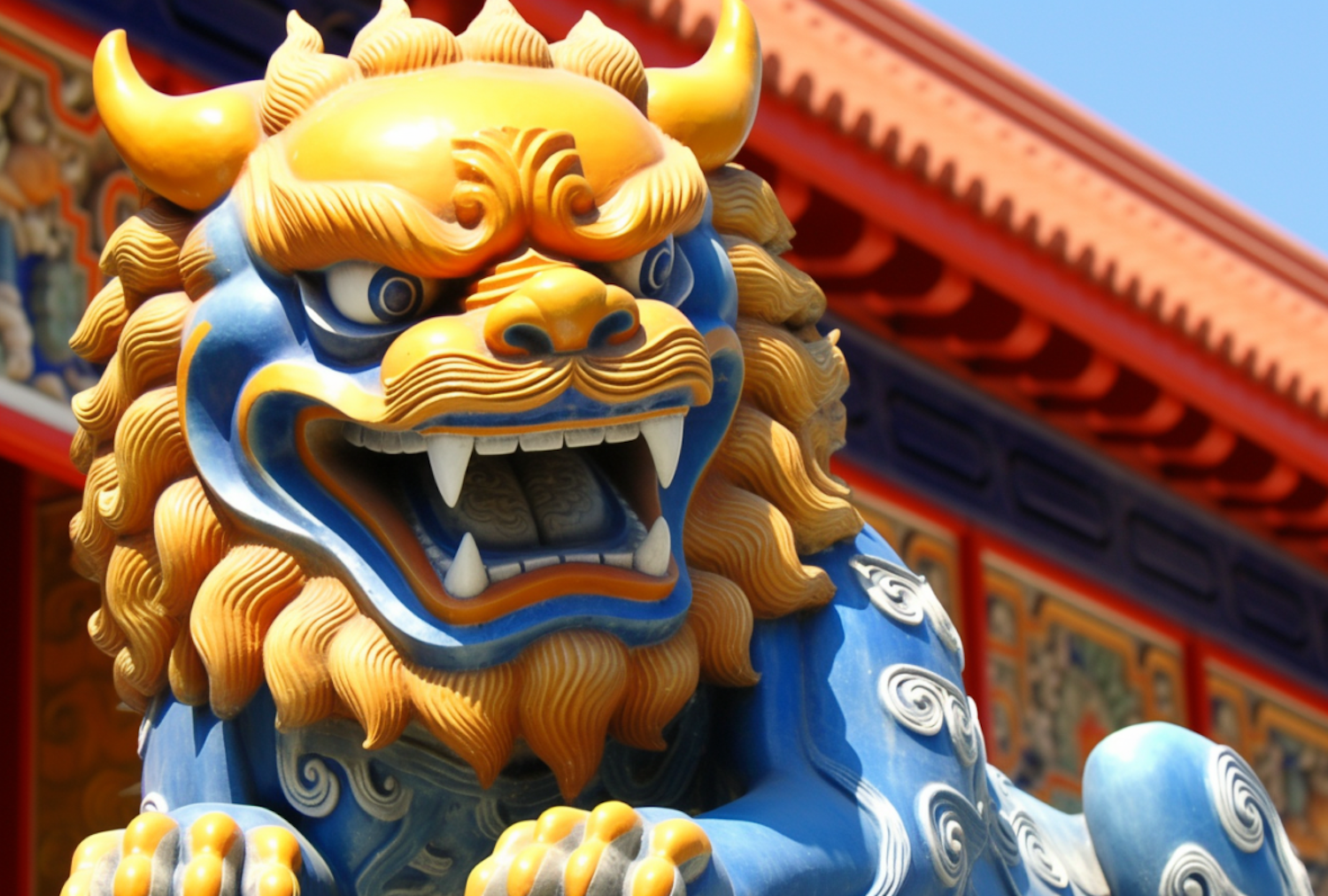 Regal East Asian Blue and Gold Guardian Lion