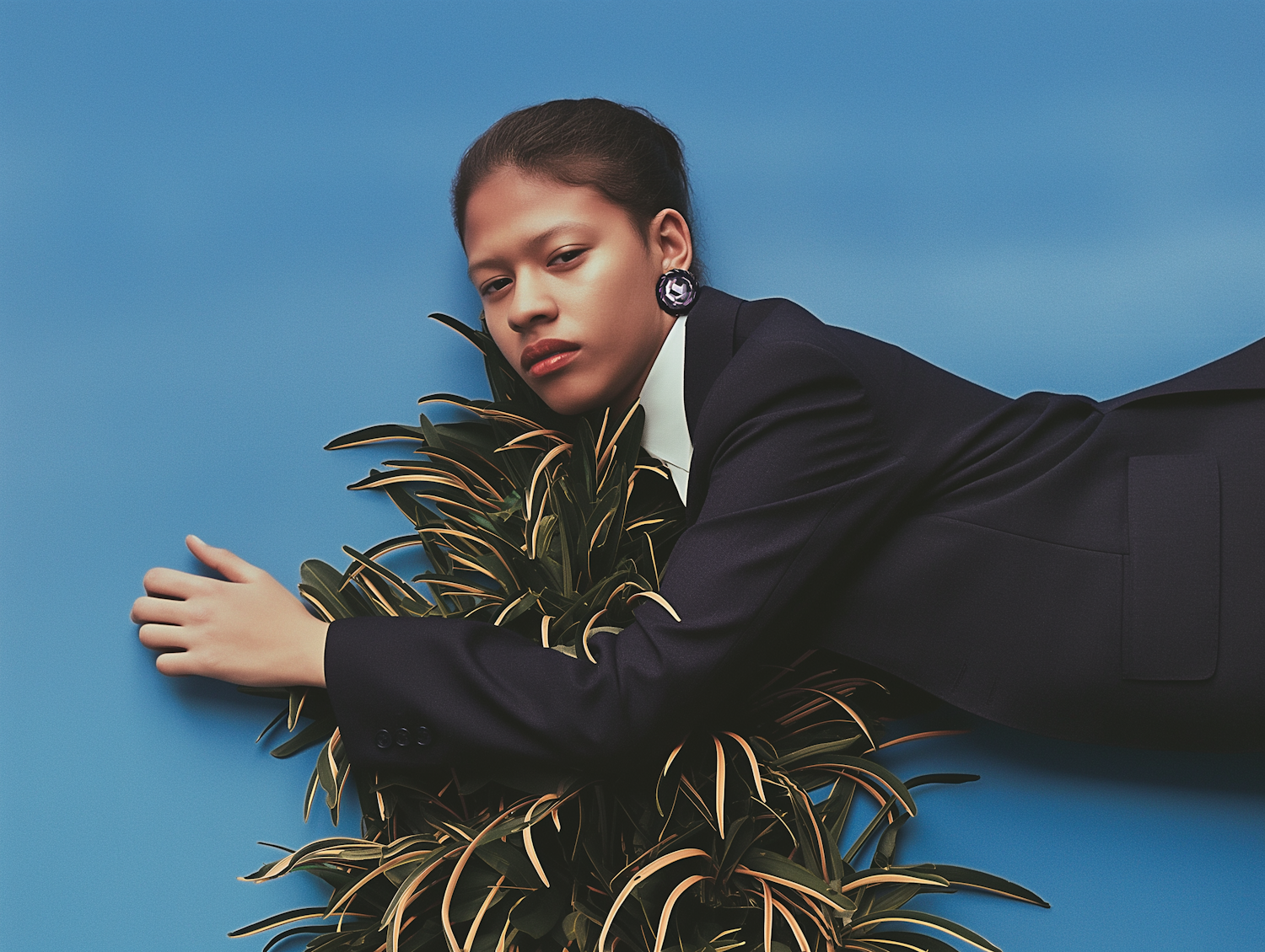 Person in Dark Suit with Green Foliage