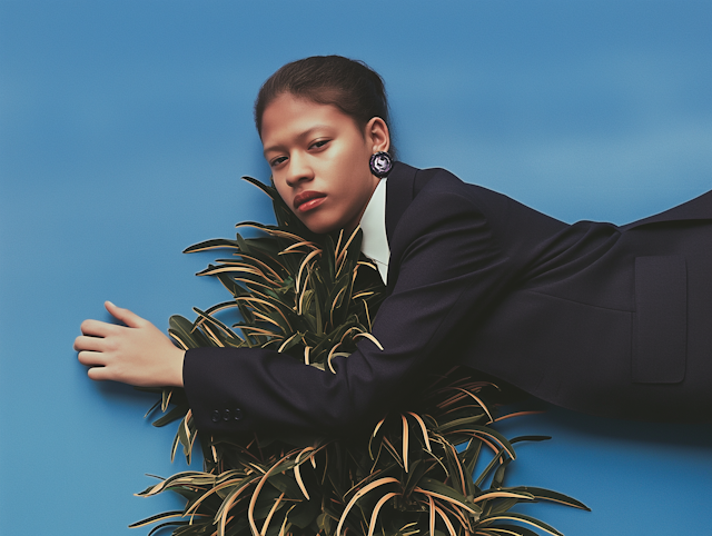 Person in Dark Suit with Green Foliage