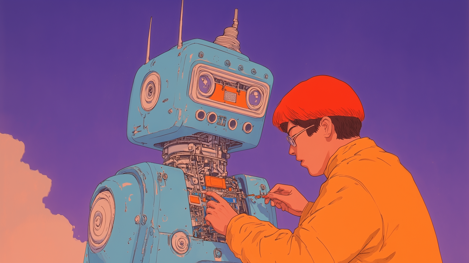 Young Person Repairing Retro Robot