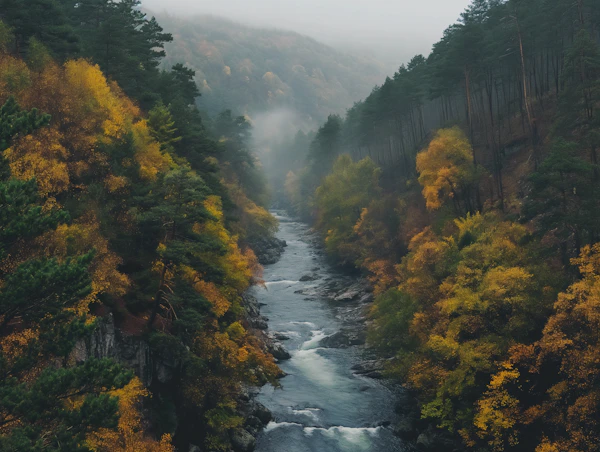 Autumnal Serenity: Aerial River through Enchanted Forest