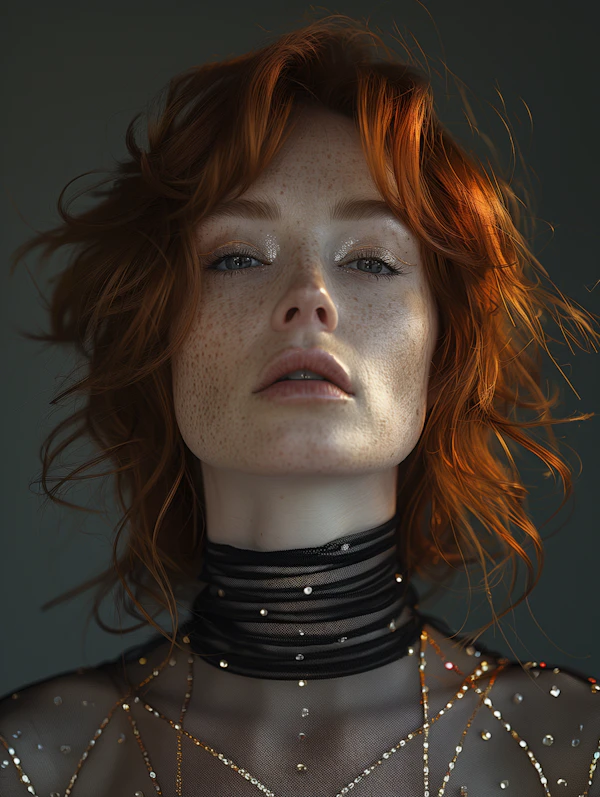 Portrait of a Woman with Red Hair and Freckles