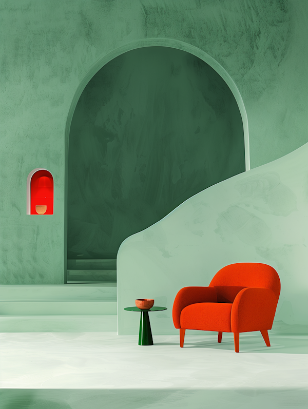 Stylized Green Interior with Orange Chair