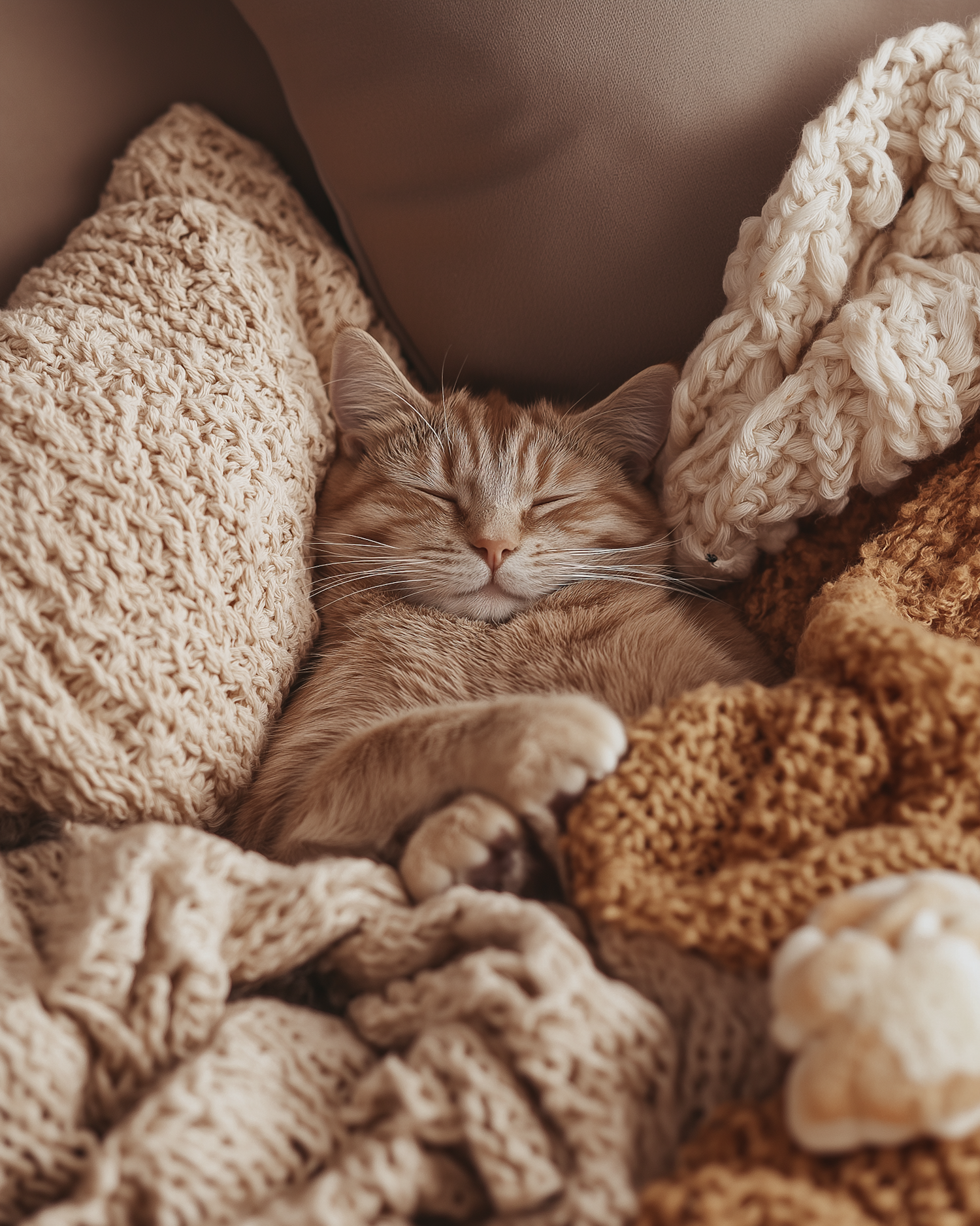 Ginger Cat Sleeping on Knitted Blankets