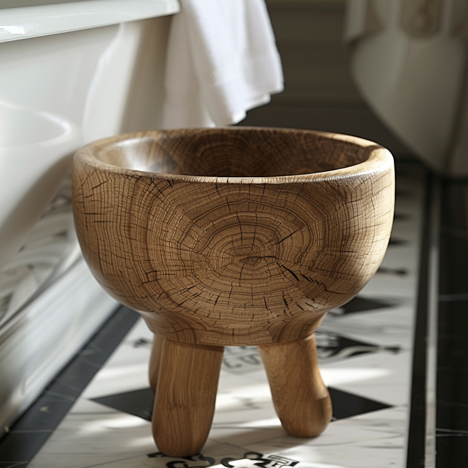 Rustic Wooden Bowl on Geometric Tiled Floor