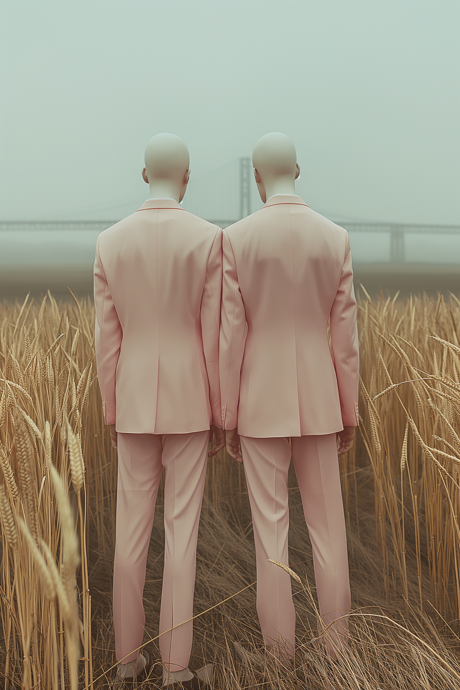 Pink-suited Figures in Foggy Landscape