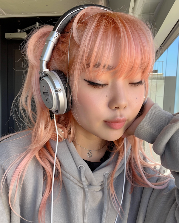 Serene Portrait of Woman with Pastel Pink Hair