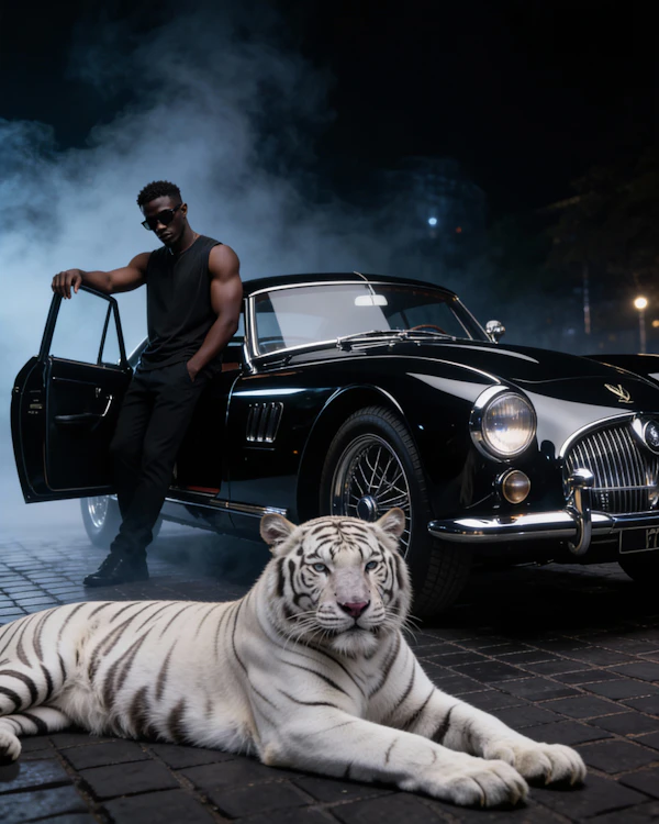 Man, Car, and Tiger
