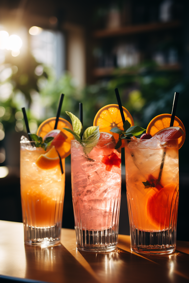 Trio of Colorful Cocktails on Wooden Surface