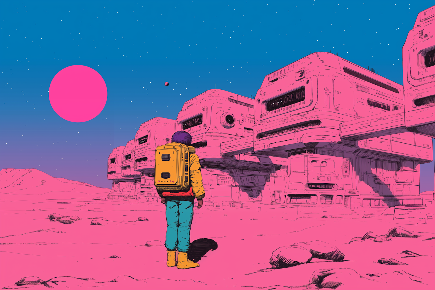 Futuristic Explorer in Pink Landscape