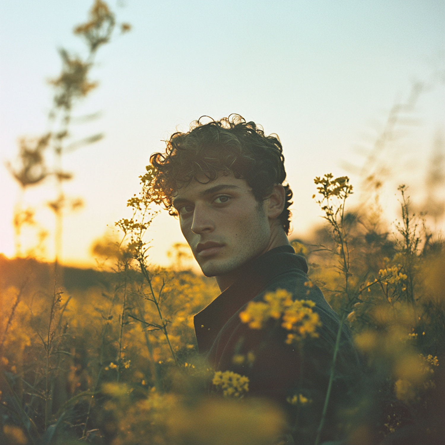 Contemplative Man in Flower Field