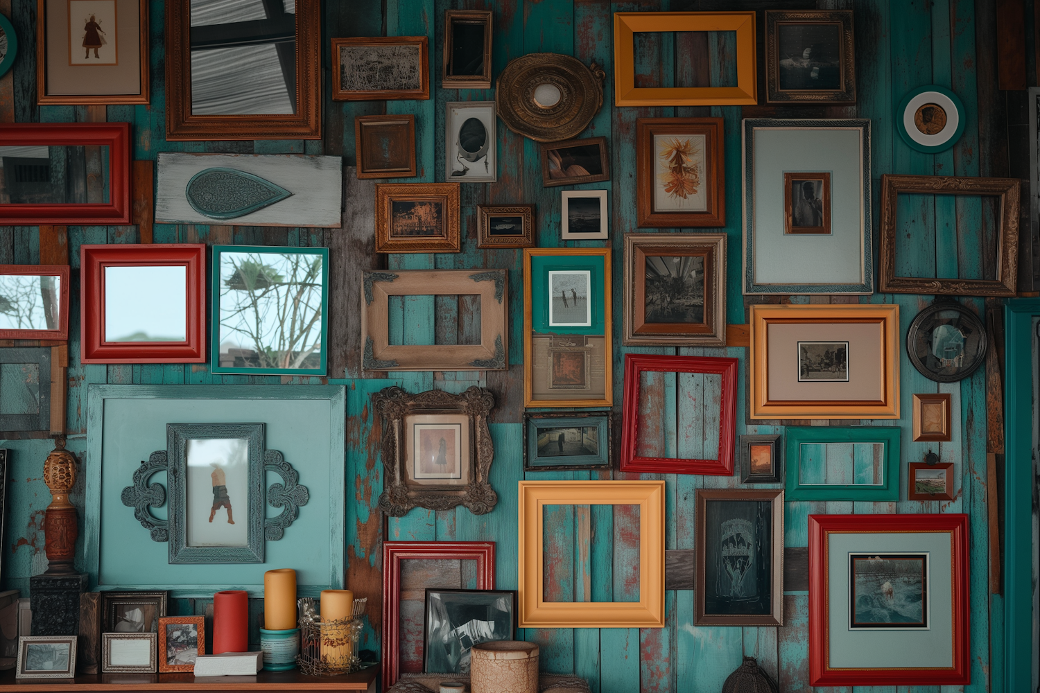 Eclectic Frame Collage on Teal Wall