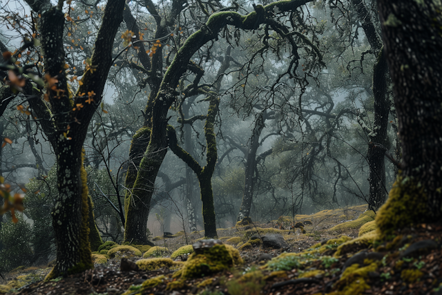 Mystical Forest Scene with Fog and Moss-Covered Trees