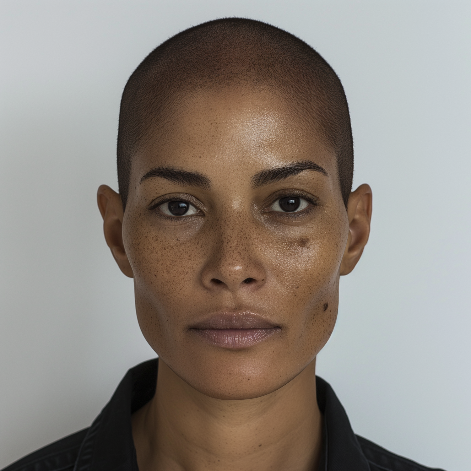 Solemn Woman with Shaved Head