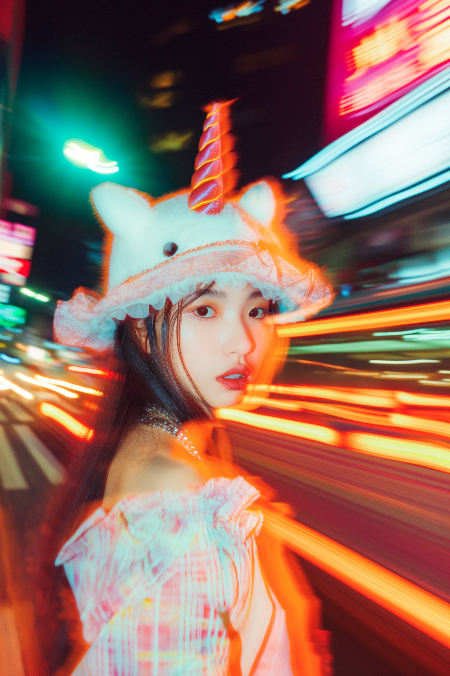 Woman in Unicorn Hat Amid Neon Lights