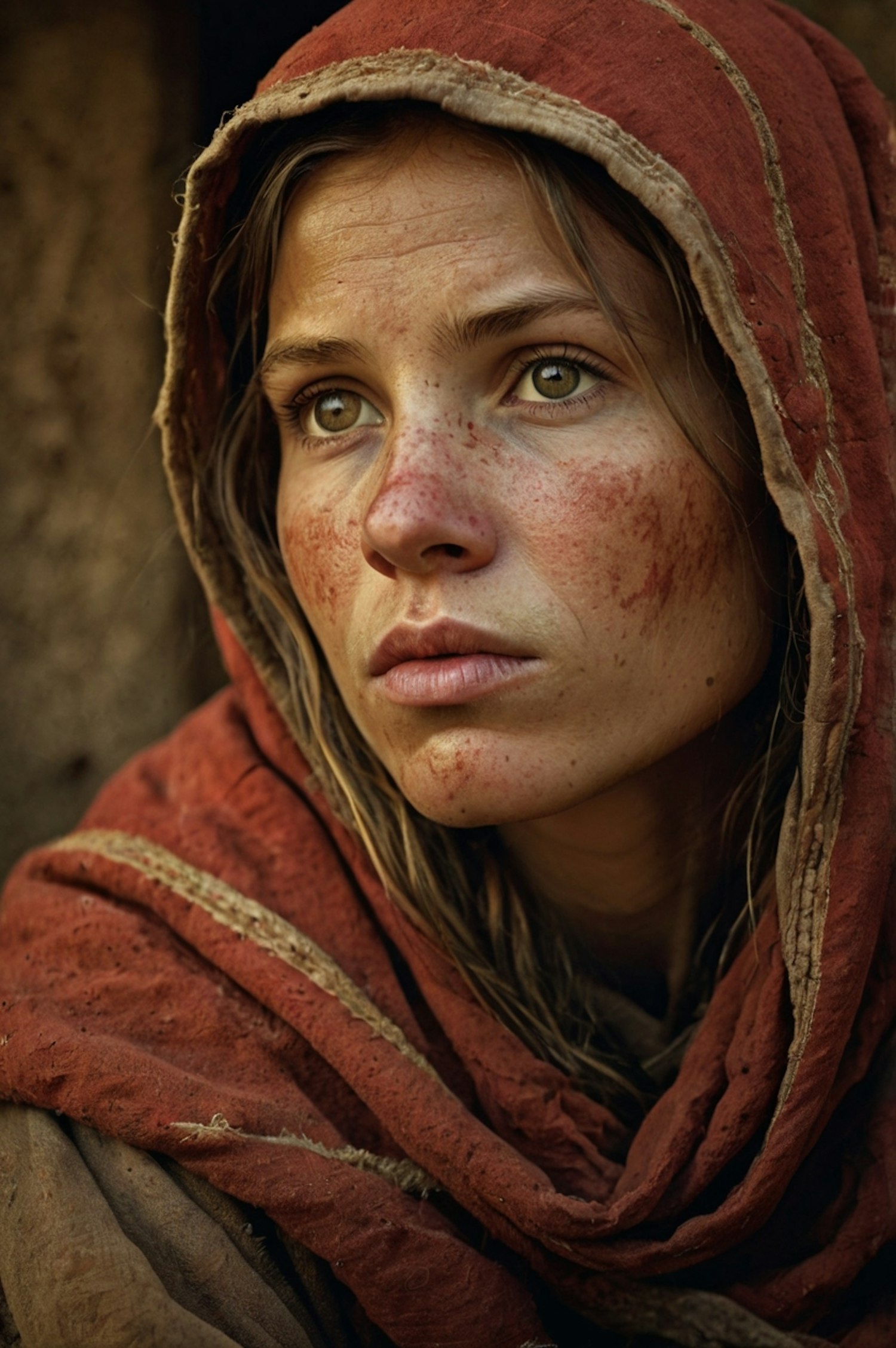 Contemplative Woman in Red Hood