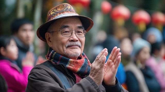 Elderly Asian Man Celebrating at a Festival