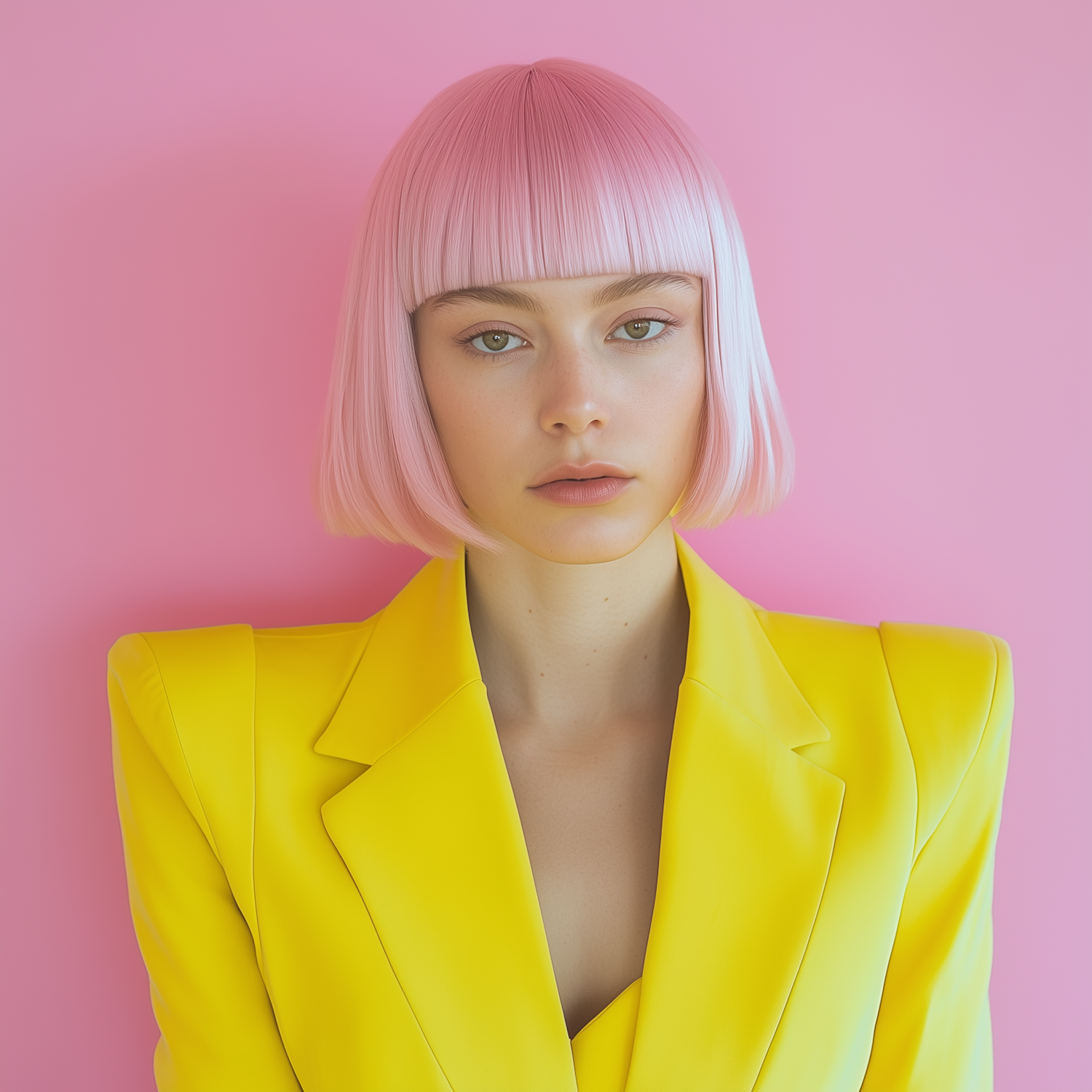 Young Woman with Pastel Pink Bob and Yellow Blazer