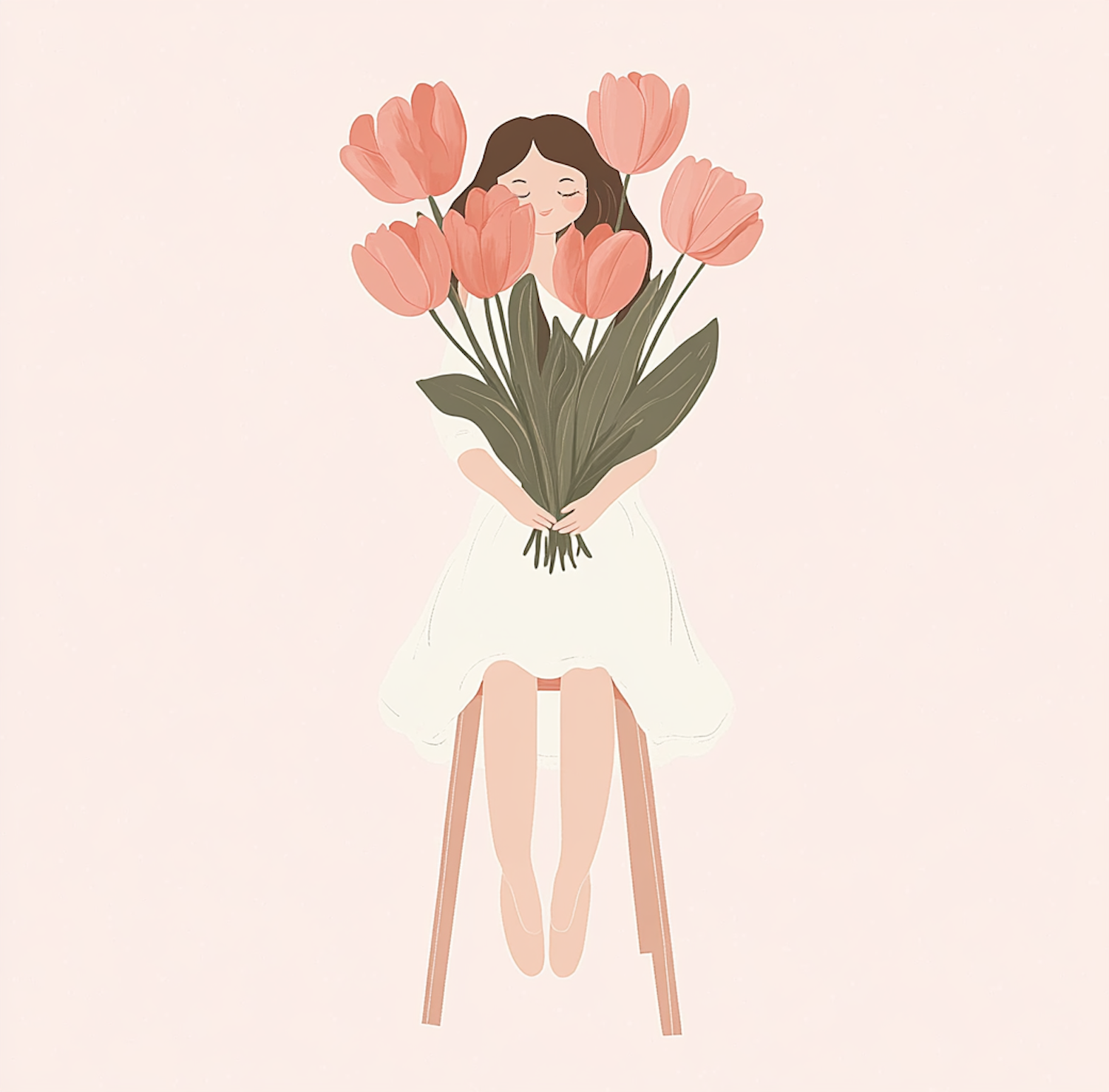 Woman with Bouquet of Pink Tulips