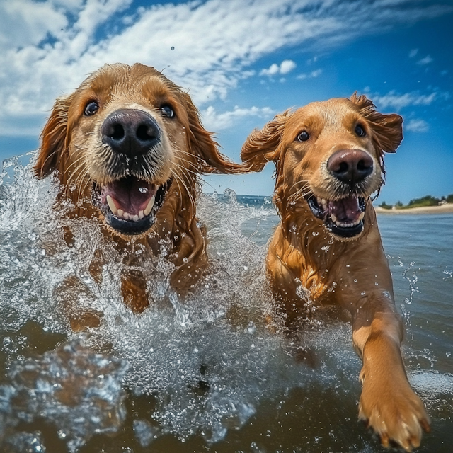 Golden Retrievers Running on Beach