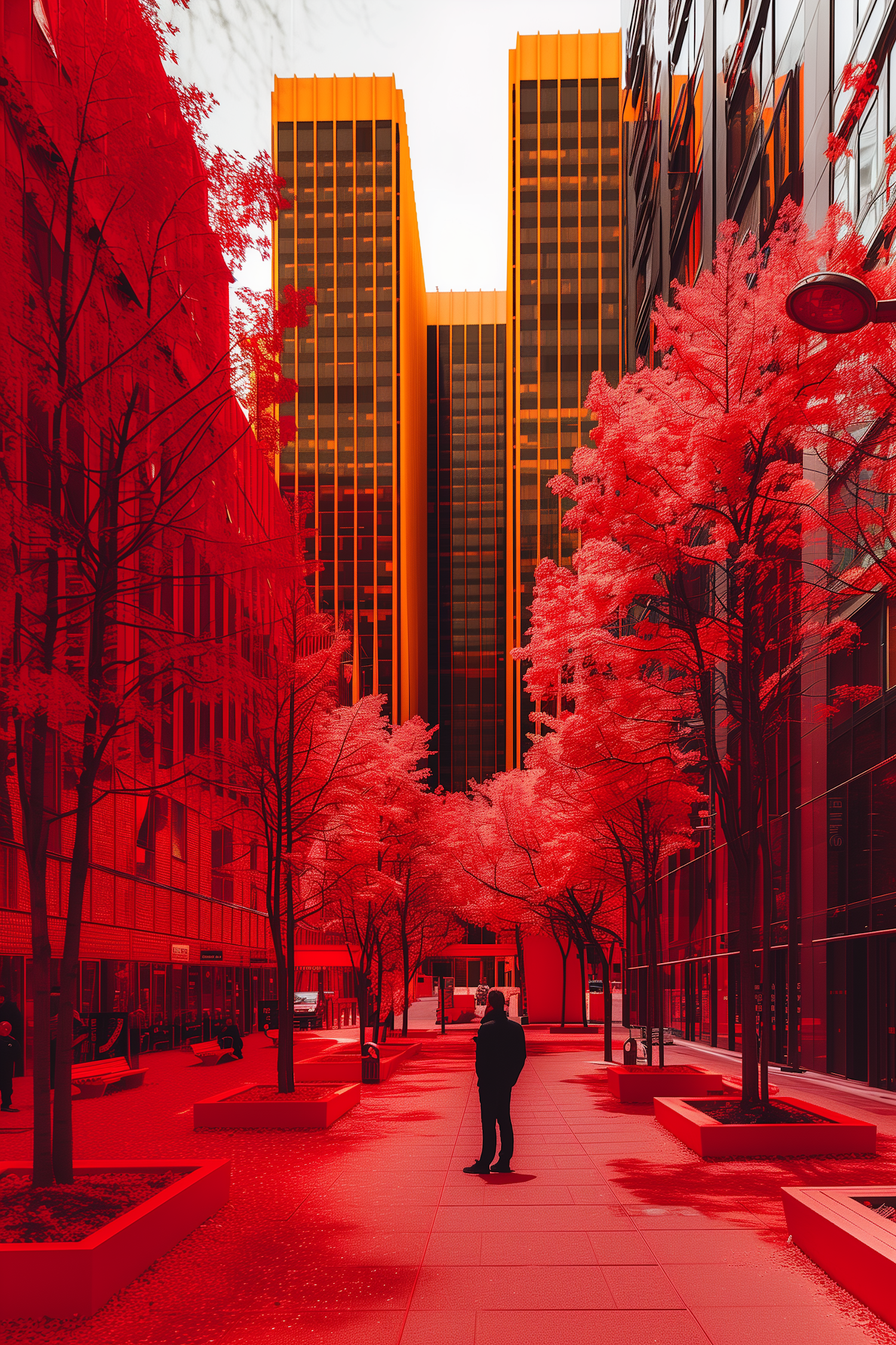 Surreal Urban Landscape with Red and Orange Hues