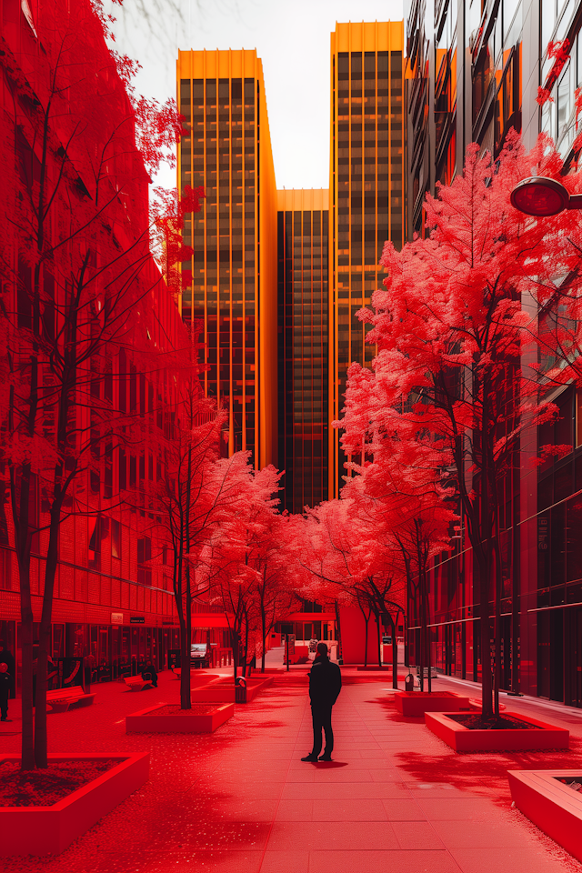 Surreal Urban Landscape with Red and Orange Hues