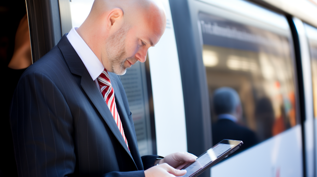 Businessman in Transit Working on Tablet