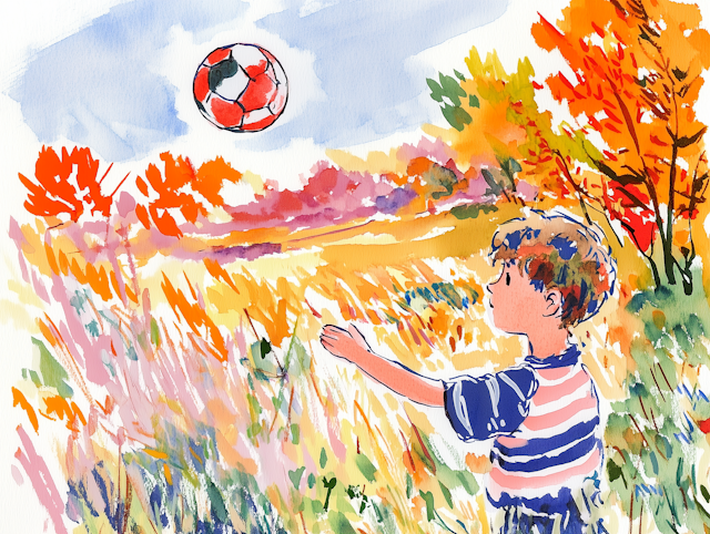 Boy Reaching for Soccer Ball in Autumn Field