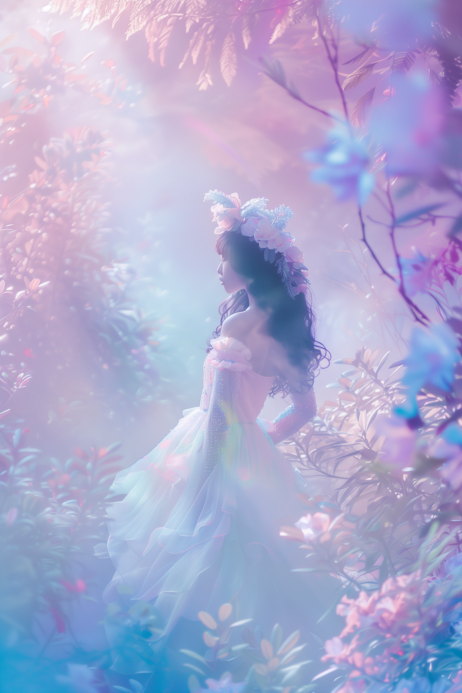 Ethereal Woman in Pastel Foliage