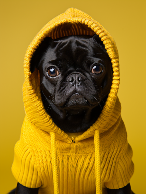 Pensive Pug in a Yellow Hoodie