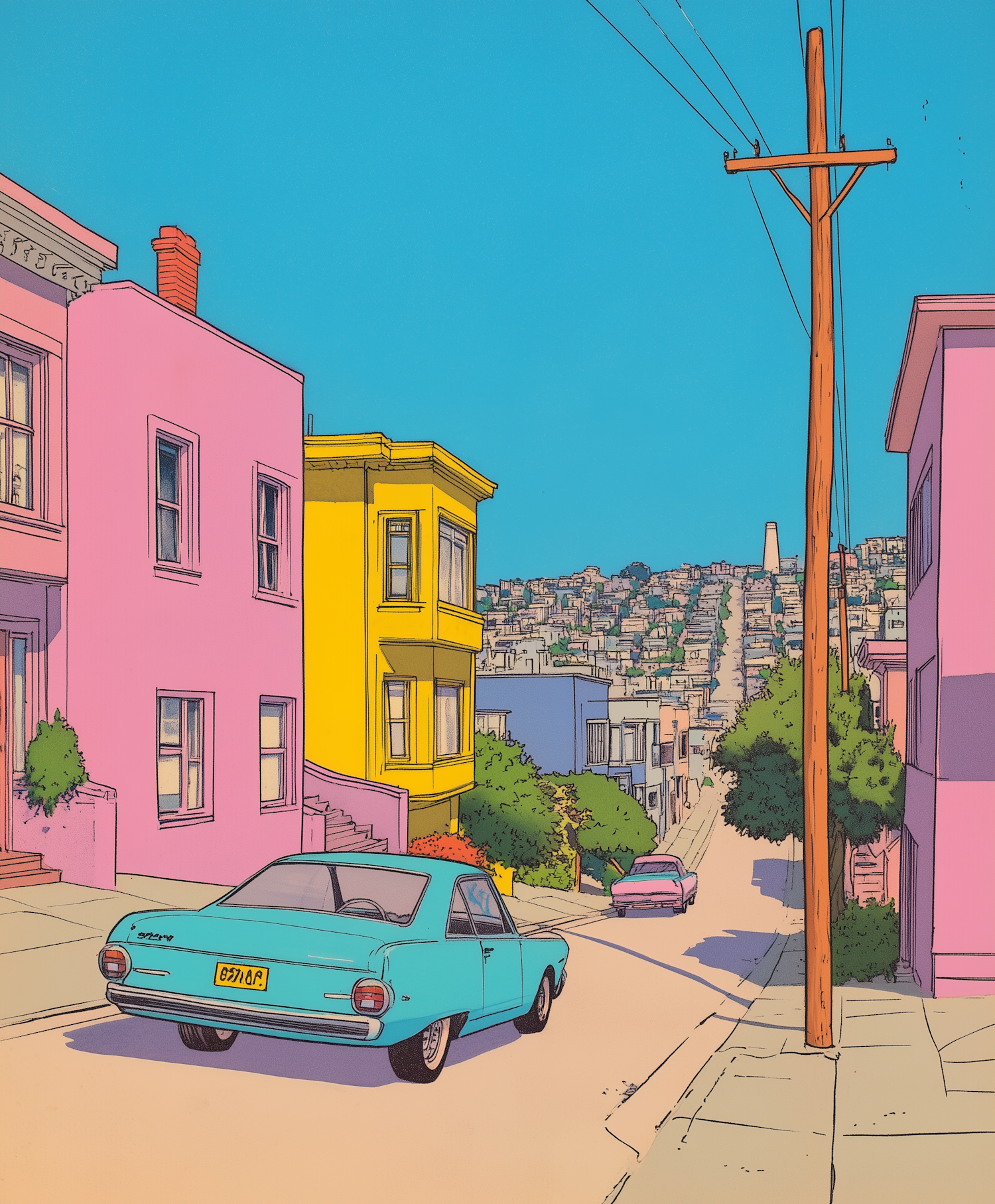 Vibrant Street Scene with Pastel Buildings