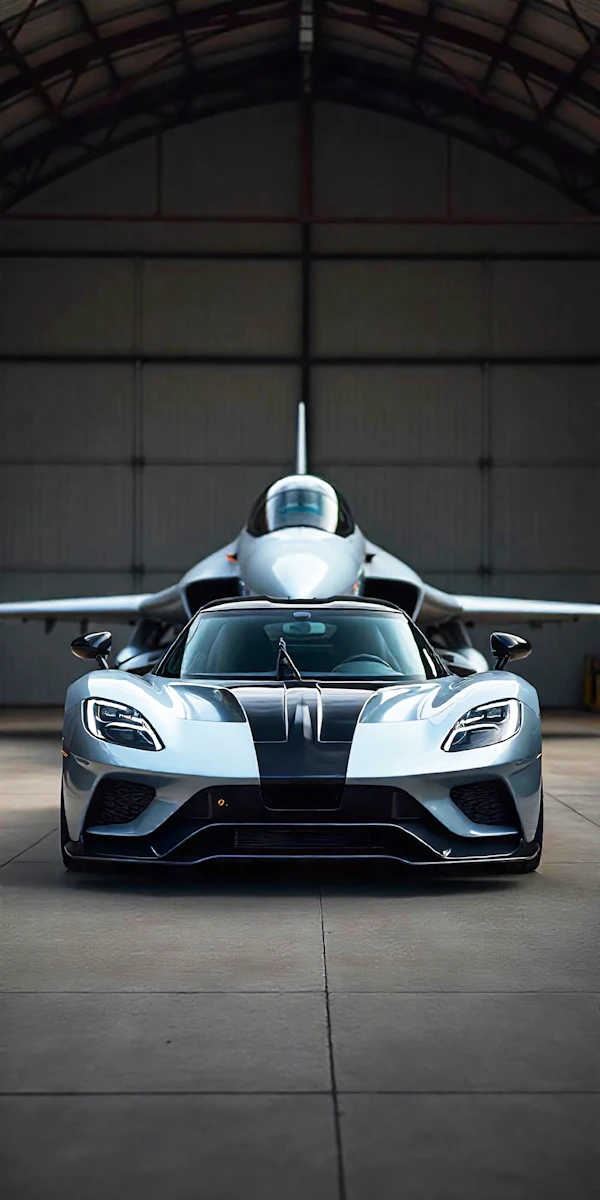 Sleek Sports Car and Jet in Hangar