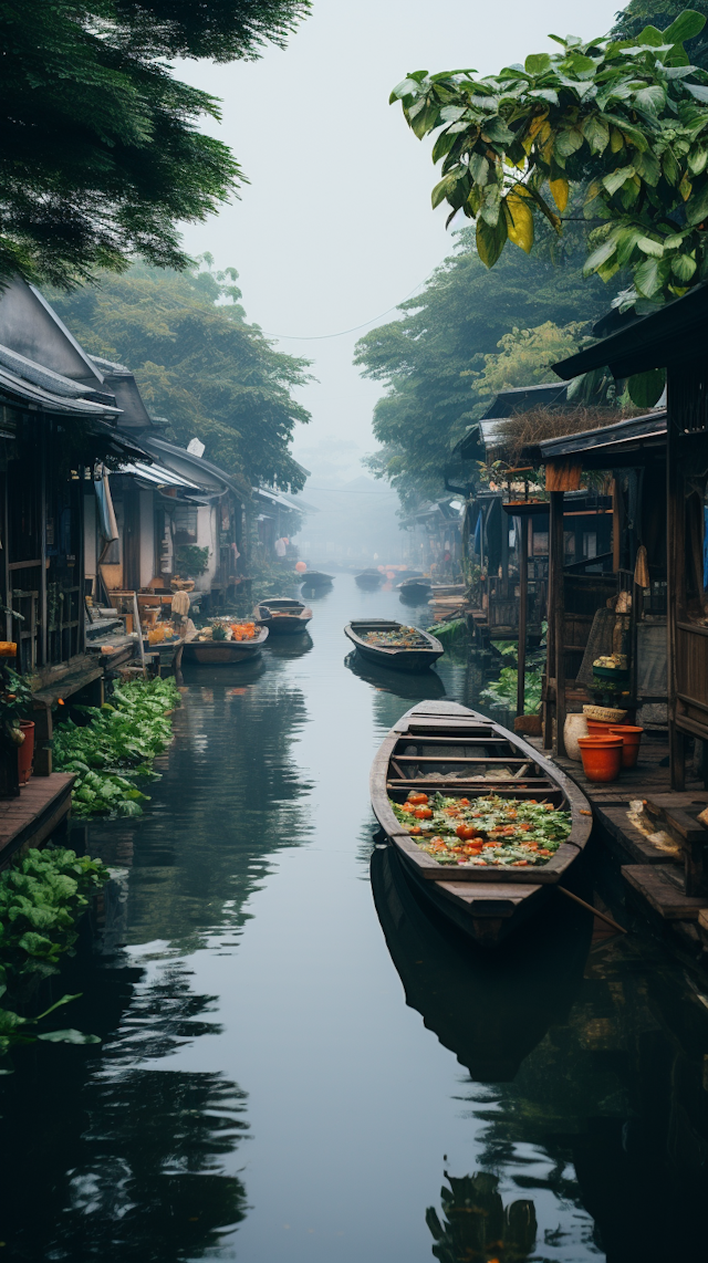 Floral Boats on Misty Canal Market