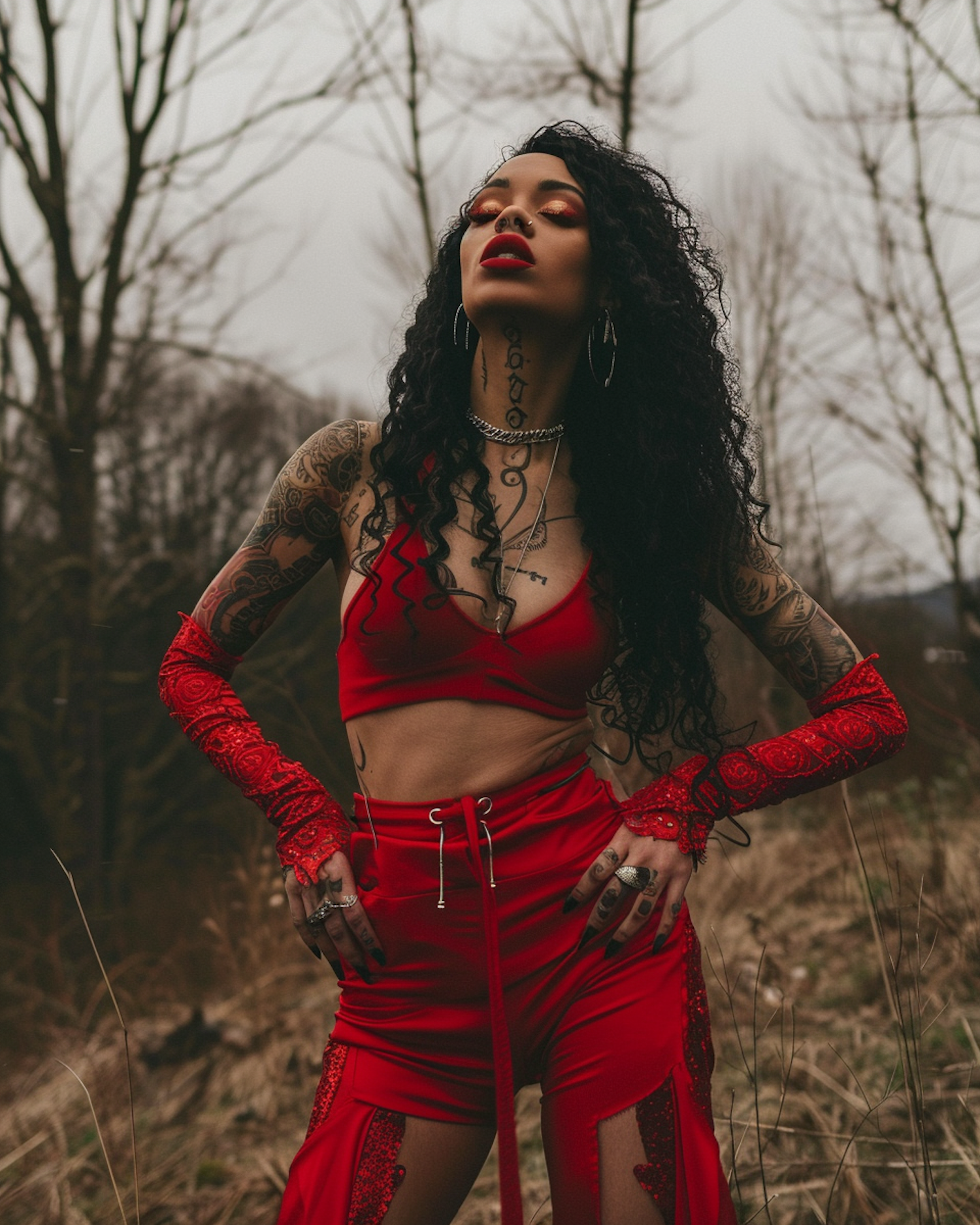 Woman in Red Outfit Outdoors